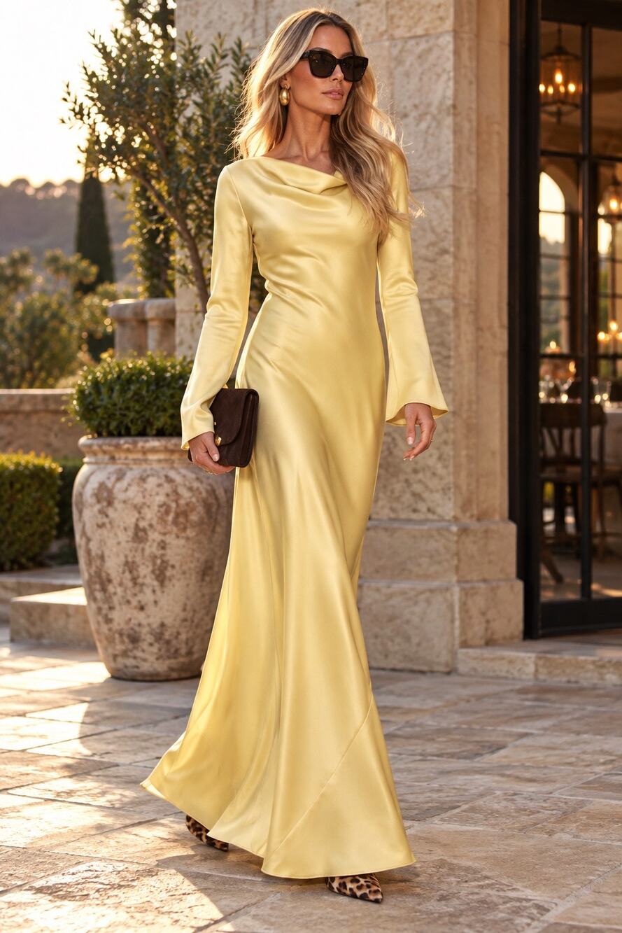 REFORMATION Butter Yellow Gold Ciana Long Sleeve Satin Cowl Neck Dress Size 4